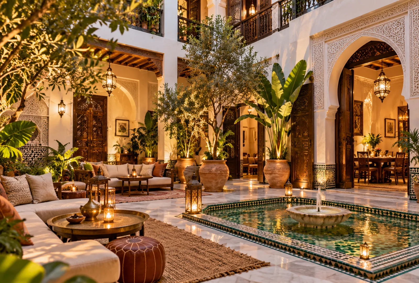 Illustration générée d’une cour intérieure de riad marocain